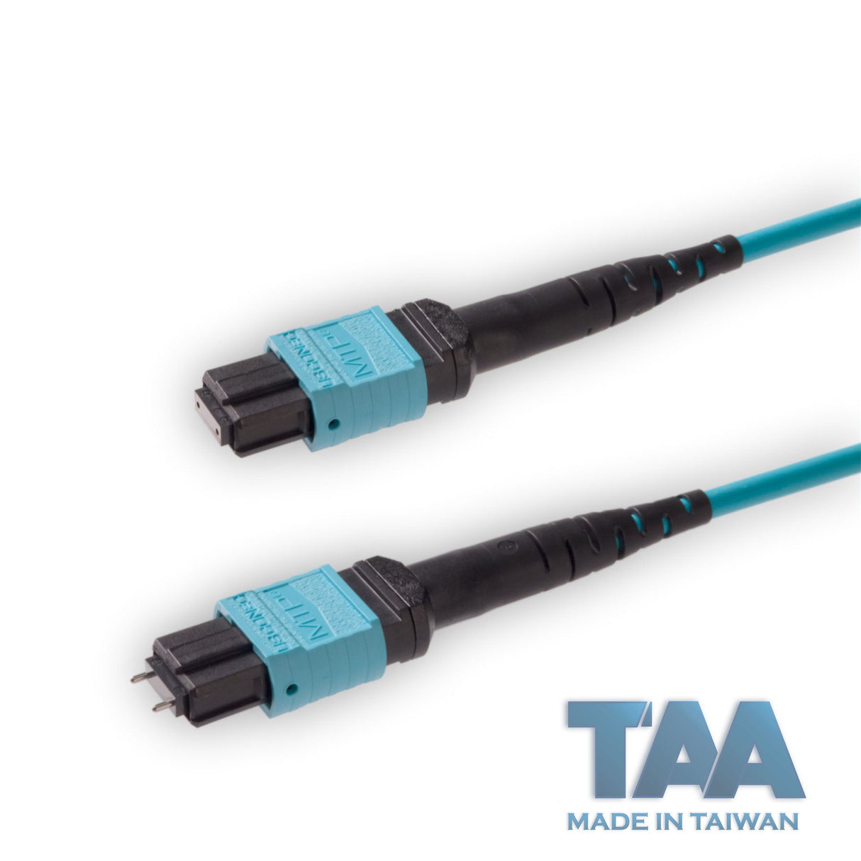 TAA Compliant | 12-Fiber Elite Pinned MTP®/UPC to Non-Pinned MTP®/UPC Jumper | Corning® ClearCurve® OM4 Multimode Optical Fiber | Type B, Aqua MTP® Connectors, Aqua Cable Jacket | OFNR Jacket