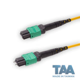 TAA Compliant | 12-Fiber Elite Pinned MTP®/APC to Non-Pinned MTP®/APC Jumper | Corning® SMF-28® Ultra Single-mode Optical Fiber | OS1/OS2 Compatible | Type B, Green MTP® Connectors, Yellow Cable Jacket | OFNP Jacket