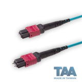 TAA Compliant | 12-Fiber Elite Pinned MTP®/UPC to Non-Pinned MTP®/UPC Jumper | Corning® ClearCurve® OM4 Multimode Optical Fiber | Type A, Magenta MTP® Connectors, Aqua Cable Jacket | OFNR Jacket