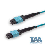 TAA Compliant | 12-Fiber Elite Pinned MTP®/UPC to Pinned MTP®/UPC Jumper | Corning® ClearCurve® OM4 Multimode Optical Fiber | Type A, Aqua MTP® Connectors, Aqua Cable Jacket | OFNR Jacket
