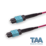TAA Compliant | 12-Fiber Elite Pinned MTP®/UPC to Pinned MTP®/UPC Jumper | Corning® ClearCurve® OM4 Multimode Optical Fiber | Type A, Aqua MTP® Connectors, Magenta Cable Jacket | OFNR Jacket