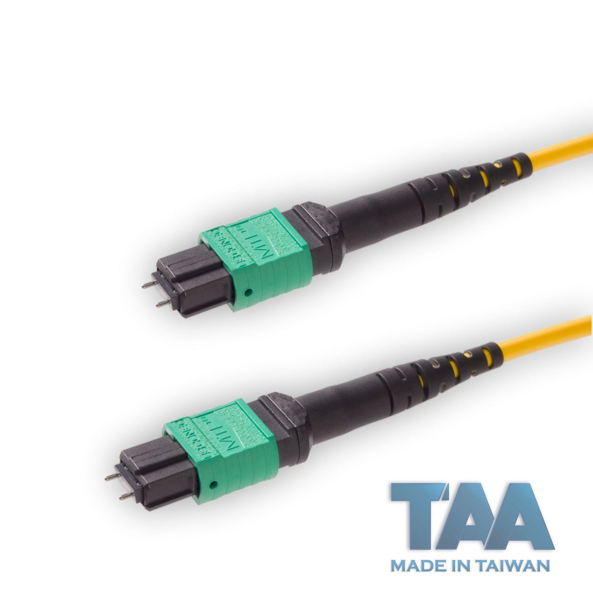 TAA Compliant | 12-Fiber Elite Pinned MTP®/APC to Pinned MTP®/APC Jumper | Corning® SMF-28® Ultra Single-mode Optical Fiber | OS1/OS2 Compatible | Type A, Green MTP® Connectors, Yellow Cable Jacket | OFNP Jacket