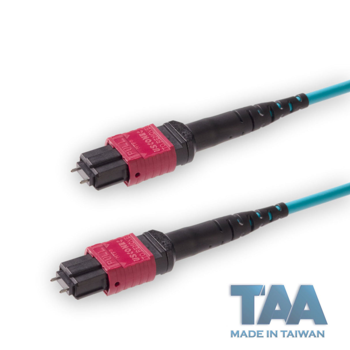 TAA Compliant | 12-Fiber Elite Pinned MTP®/UPC to Pinned MTP®/UPC Jumper | Corning® ClearCurve® OM4 Multimode Optical Fiber | Type A, Magenta MTP® Connectors, Aqua Cable Jacket | OFNR Jacket