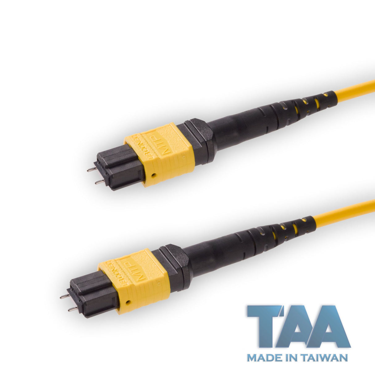 TAA Compliant | 12-Fiber Elite Pinned MTP®/APC to Pinned MTP®/APC Jumper | Corning® SMF-28® Ultra Single-mode Optical Fiber | OS1/OS2 Compatible | Type A, Yellow MTP® Connectors, Yellow Cable Jacket | OFNP Jacket