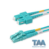 TAA合規 | 電信級 0.2dB  LC/UPC to SC/UPC 多模 OM3 雙工光纖跳線 | 康寧纖芯 |  水綠色 OFNR 外被, 水綠色接頭