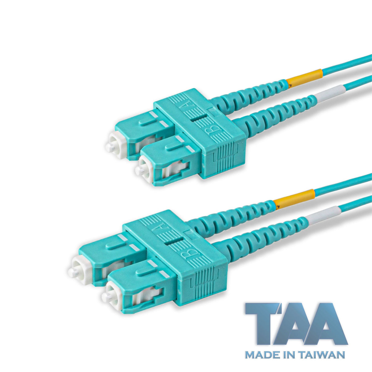 TAA合規 | 電信級 0.2dB  SC/UPC to SC/UPC 多模 OM3 雙工光纖跳線 | 康寧纖芯 |  水綠色 OFNR 外被, 水綠色接頭