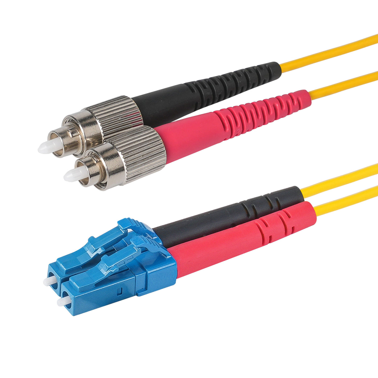 Ultra Low Loss 0.1dB LC/UPC to FC/UPC Single-mode Duplex Fiber Patch Cable | Corning SMF-28 Ultra Fiber | Red and Black Boots | OS1/OS2 Compatible | OFNR Jacket
