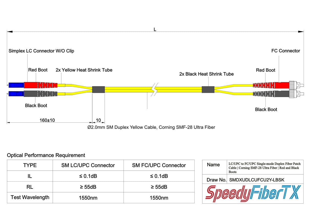 Ultra Low Loss 0.1dB LC/UPC to FC/UPC Single-mode Duplex Fiber Patch Cable | Corning SMF-28 Ultra Fiber | Red and Black Boots | OS1/OS2 Compatible | OFNR Jacket