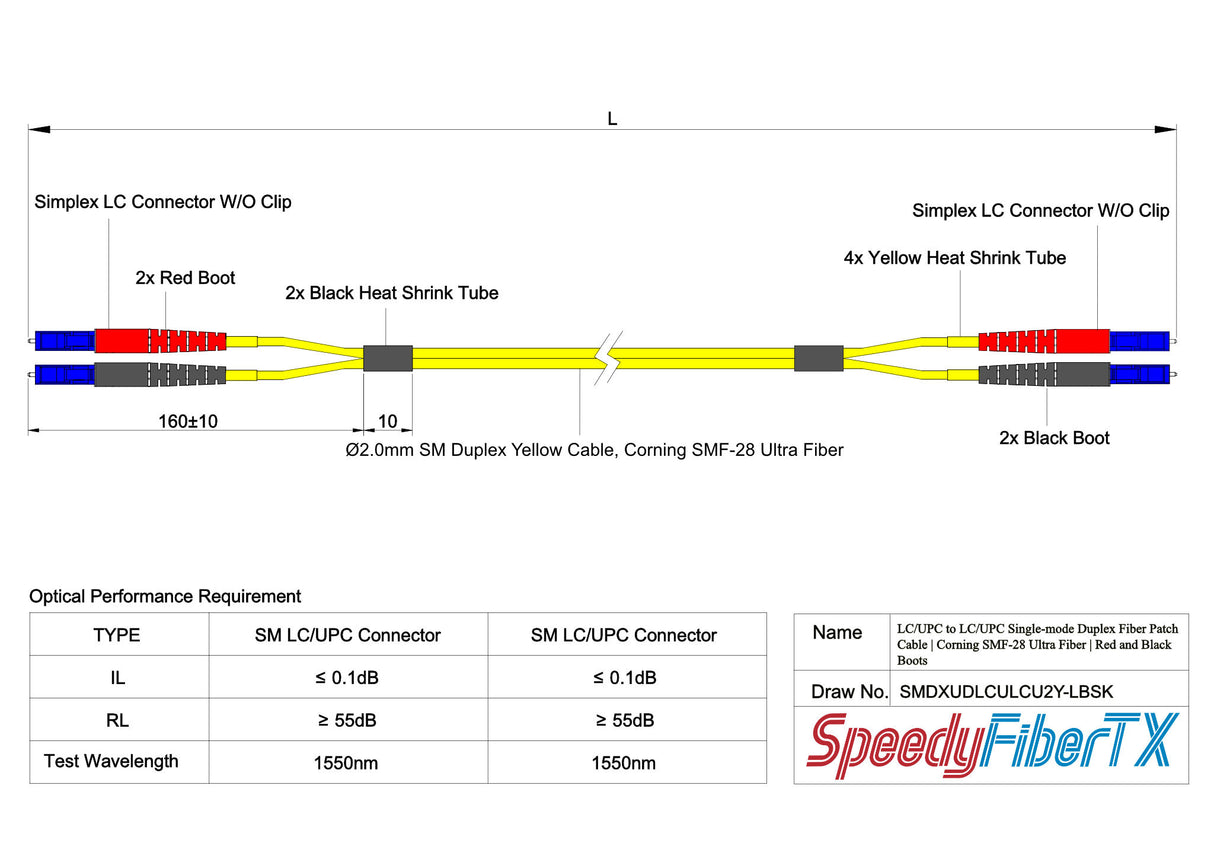 Ultra Low Loss 0.1dB LC/UPC to LC/UPC Single-mode Duplex Fiber Patch Cable | Corning SMF-28 Ultra Fiber | Red and Black Boots | OS1/OS2 Compatible | OFNR Jacket