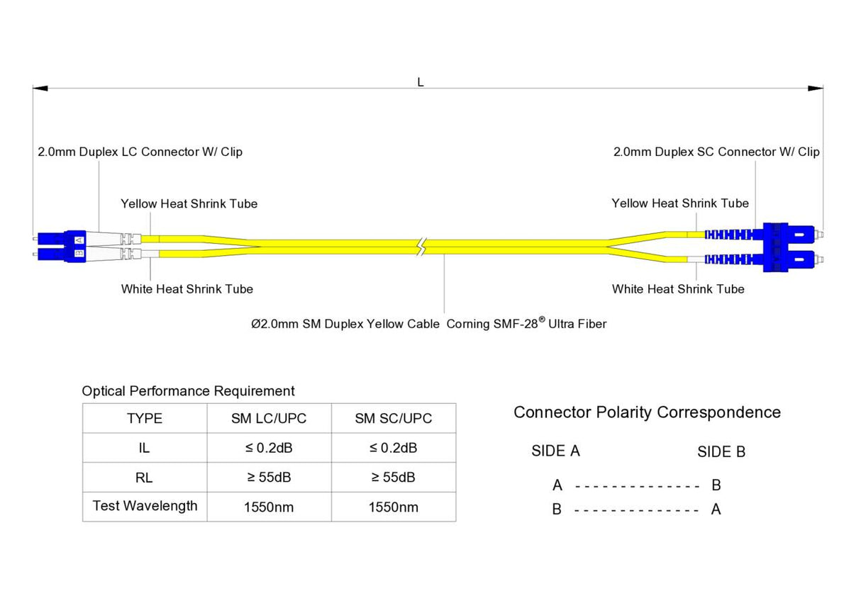 0.2dB LC/UPC to SC/UPC Single-mode Duplex Fiber Patch Cable | Corning SMF-28 Ultra Fiber | OS1/OS2 Compatible | OFNP Jacket