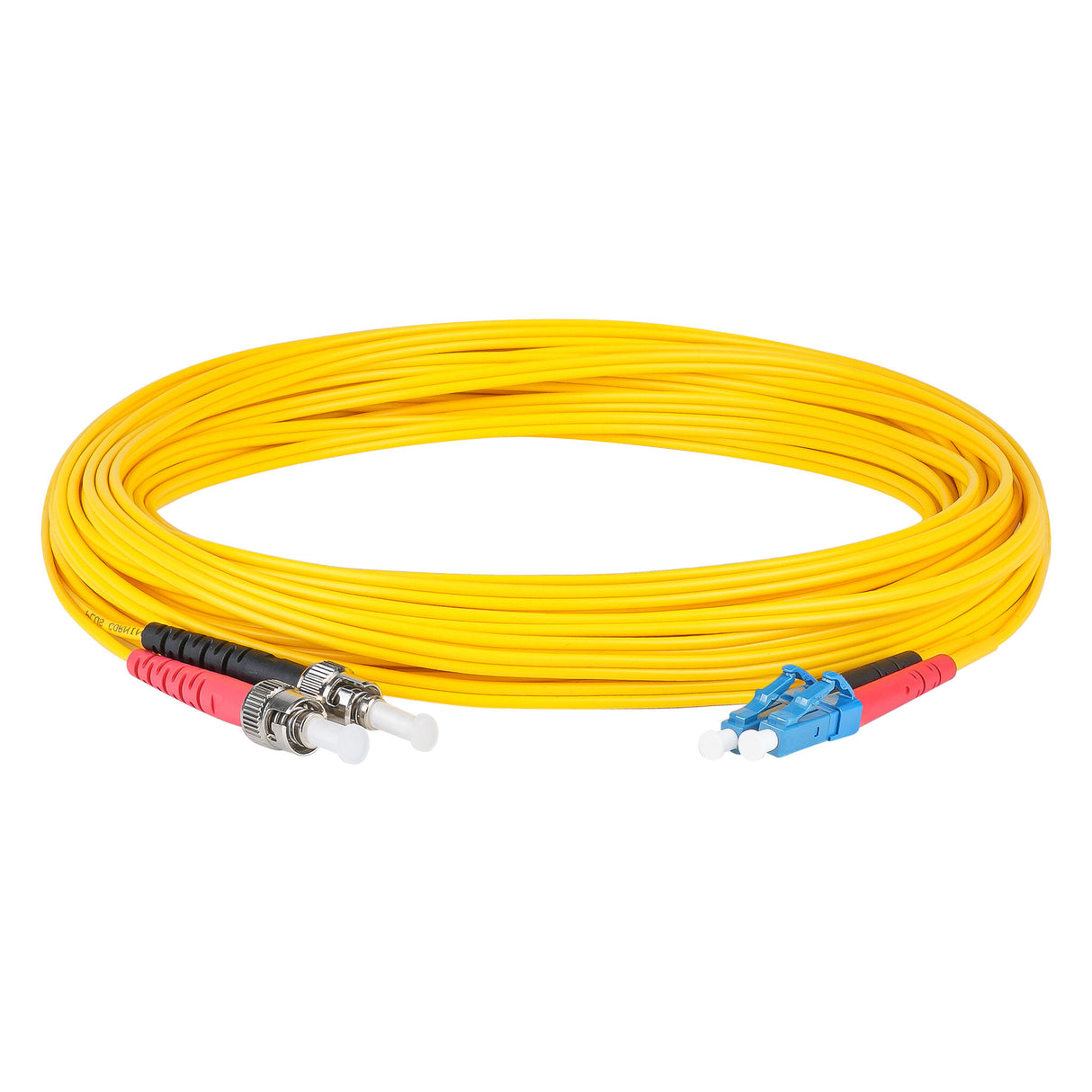 Ultra Low Loss 0.1dB LC/UPC to ST/UPC Single-mode Duplex Fiber Patch Cable | Corning SMF-28 Ultra Fiber | Red and Black Boots | OS1/OS2 Compatible | OFNR Jacket