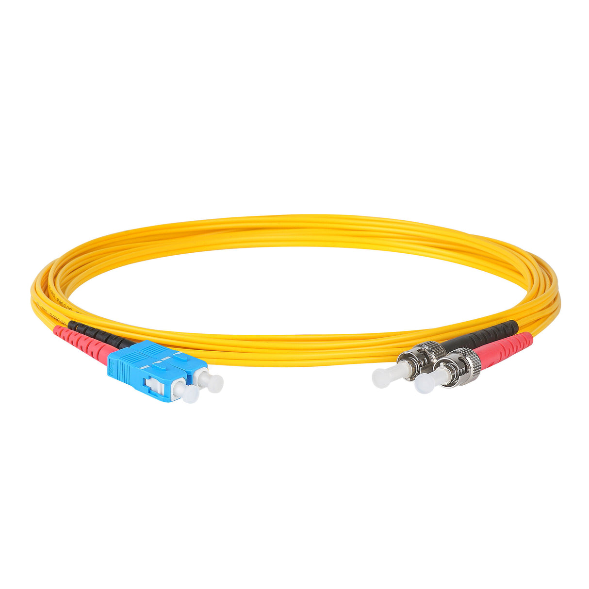 Ultra Low Loss 0.1dB SC/UPC to ST/UPC Single-mode Duplex Fiber Patch Cable | Corning SMF-28 Ultra Fiber | Red and Black Boots | OS1/OS2 Compatible | OFNR Jacket
