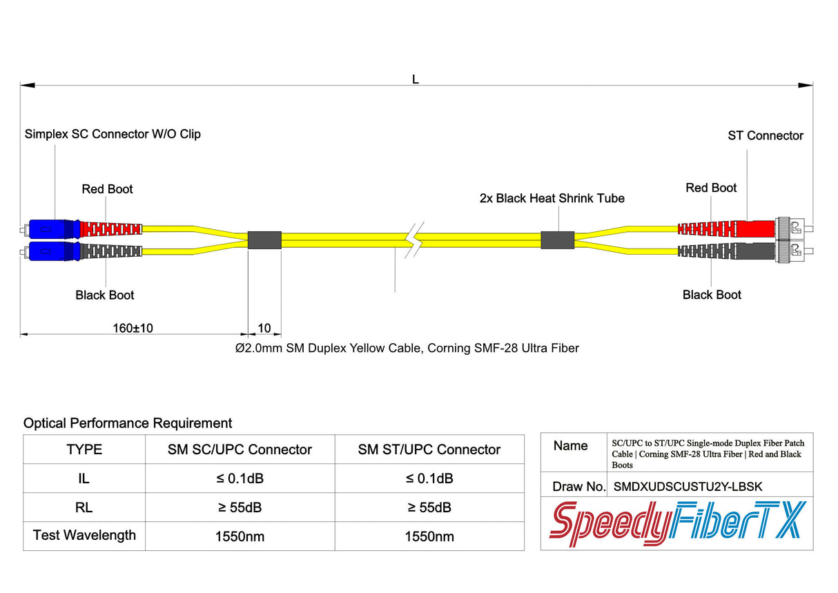 Ultra Low Loss 0.1dB SC/UPC to ST/UPC Single-mode Duplex Fiber Patch Cable | Corning SMF-28 Ultra Fiber | Red and Black Boots | OS1/OS2 Compatible | OFNR Jacket