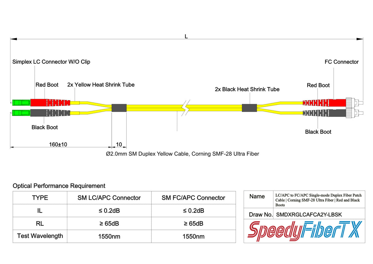 0.2dB LC/APC to FC/APC Single-mode Duplex Fiber Patch Cable | Corning SMF-28 Ultra Fiber | Red and Black Boots | OS1/OS2 Compatible | OFNR Jacket