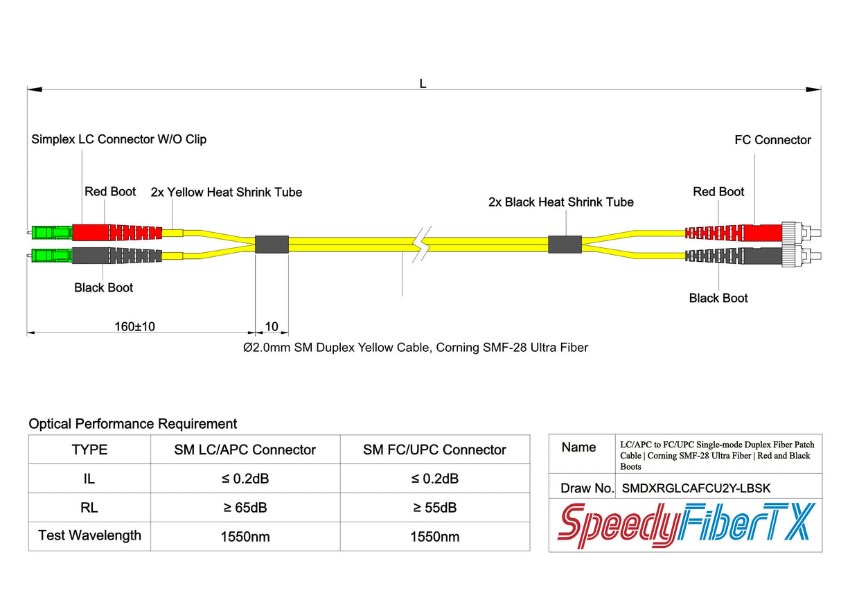 0.2dB LC/APC to FC/UPC Single-mode Duplex Fiber Patch Cable | Corning SMF-28 Ultra Fiber | Red and Black Boots | OS1/OS2 Compatible | OFNR Jacket