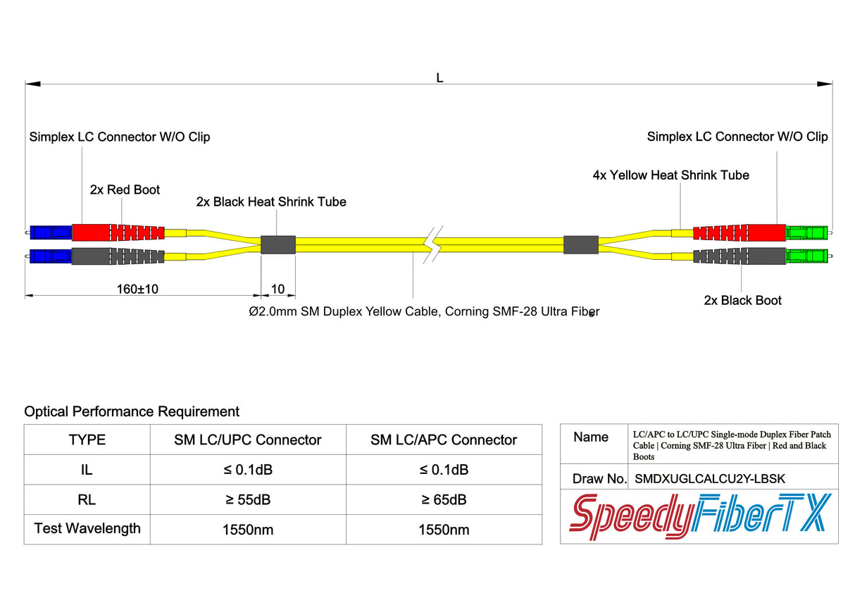 Ultra Low Loss 0.1dB LC/APC to LC/UPC Single-mode Duplex Fiber Patch Cable | Corning SMF-28 Ultra Fiber | Red and Black Boots | OS1/OS2 Compatible | OFNR Jacket
