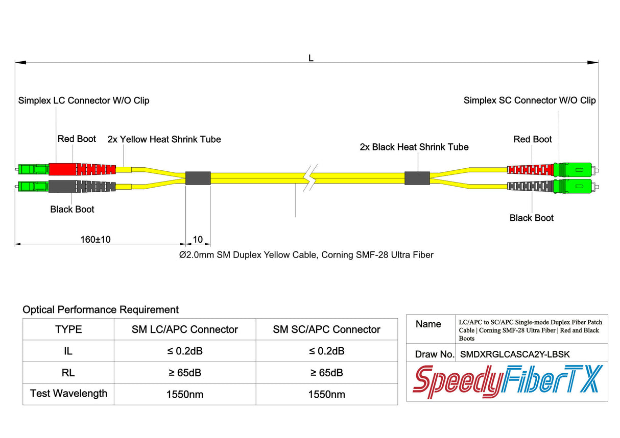 0.2dB LC/APC to SC/APC Single-mode Duplex Fiber Patch Cable | Corning SMF-28 Ultra Fiber | Red and Black Boots | OS1/OS2 Compatible | OFNR Jacket