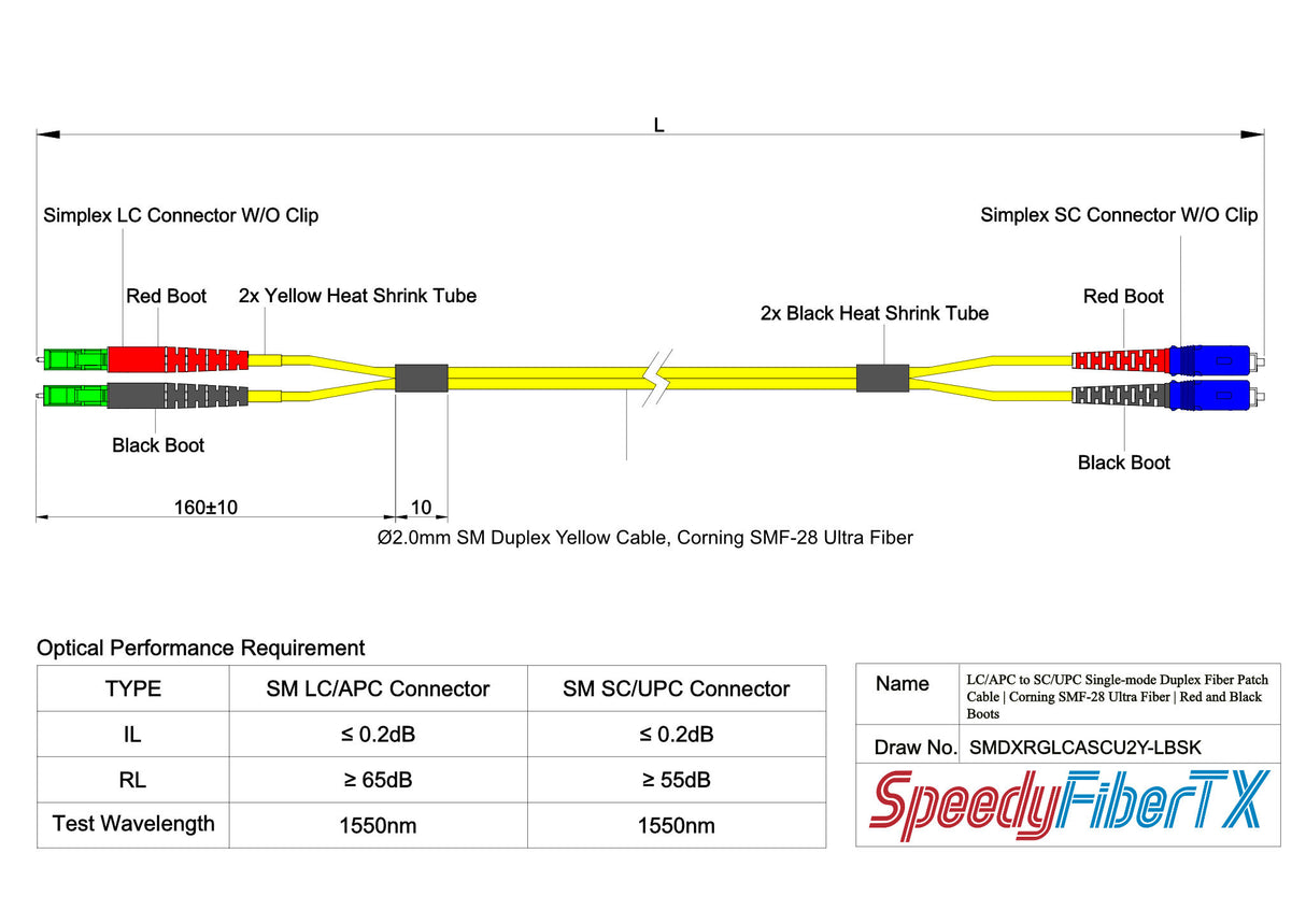 0.2dB LC/APC to SC/UPC Single-mode Duplex Fiber Patch Cable | Corning SMF-28 Ultra Fiber | Red and Black Boots | OS1/OS2 Compatible | OFNR Jacket