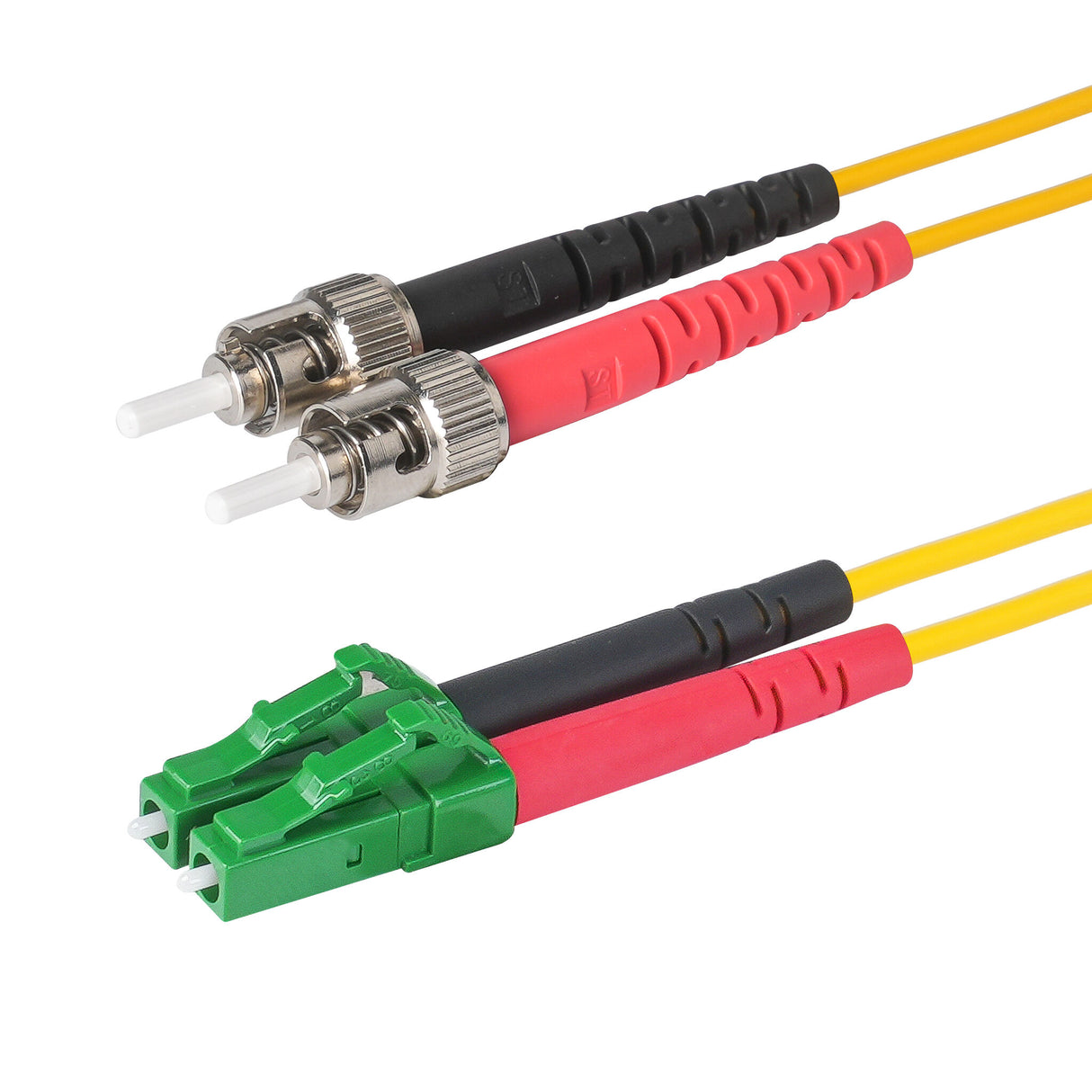 Ultra Low Loss 0.1dB LC/APC to ST/UPC Single-mode Duplex Fiber Patch Cable | Corning SMF-28 Ultra Fiber | Red and Black Boots | OS1/OS2 Compatible | OFNR Jacket