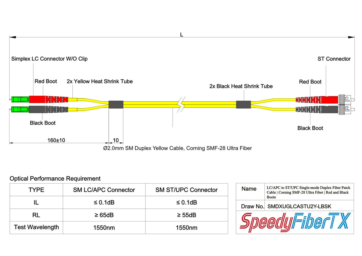 Ultra Low Loss 0.1dB LC/APC to ST/UPC Single-mode Duplex Fiber Patch Cable | Corning SMF-28 Ultra Fiber | Red and Black Boots | OS1/OS2 Compatible | OFNR Jacket