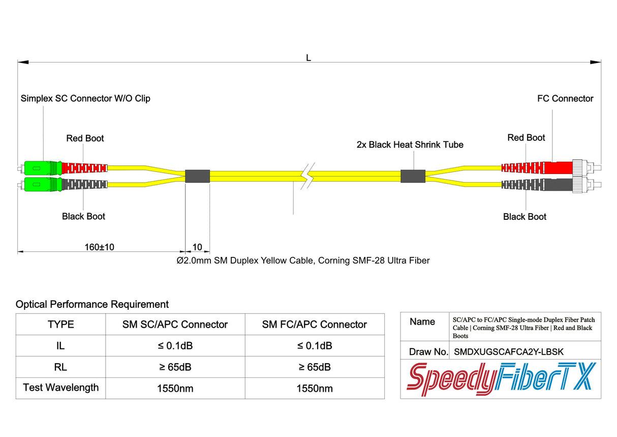 Ultra Low Loss 0.1dB SC/APC to FC/APC Single-mode Duplex Fiber Patch Cable | Corning SMF-28 Ultra Fiber | Red and Black Boots | OS1/OS2 Compatible | OFNR Jacket