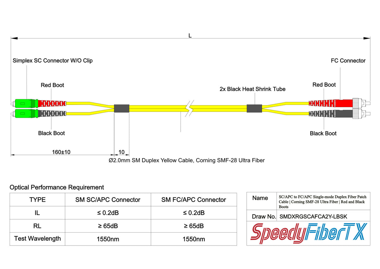 0.2dB SC/APC to FC/APC Single-mode Duplex Fiber Patch Cable | Corning SMF-28 Ultra Fiber | Red and Black Boots | OS1/OS2 Compatible | OFNR Jacket