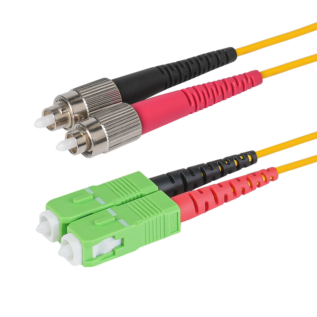 Ultra Low Loss 0.1dB SC/APC to FC/UPC Single-mode Duplex Fiber Patch Cable | Corning SMF-28 Ultra Fiber | Red and Black Boots | OS1/OS2 Compatible | OFNR Jacket