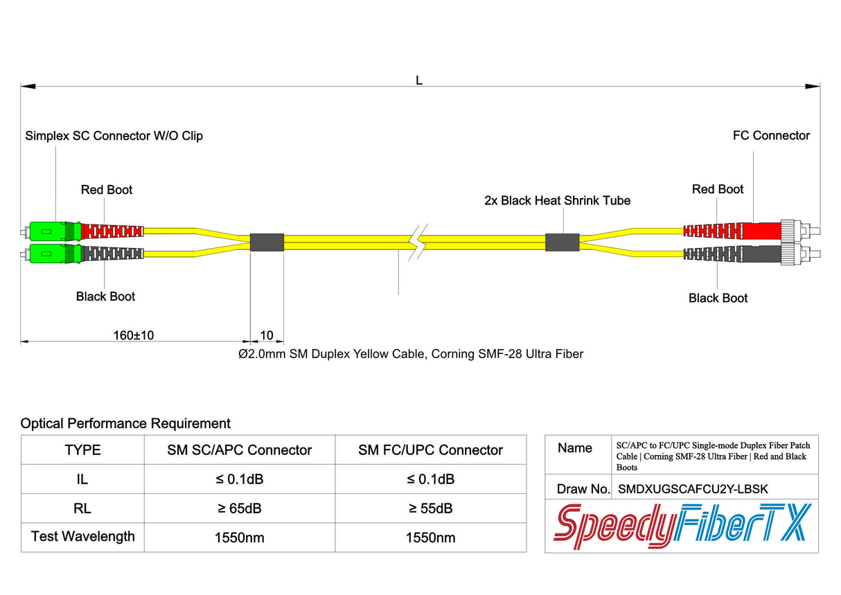 Ultra Low Loss 0.1dB SC/APC to FC/UPC Single-mode Duplex Fiber Patch Cable | Corning SMF-28 Ultra Fiber | Red and Black Boots | OS1/OS2 Compatible | OFNR Jacket