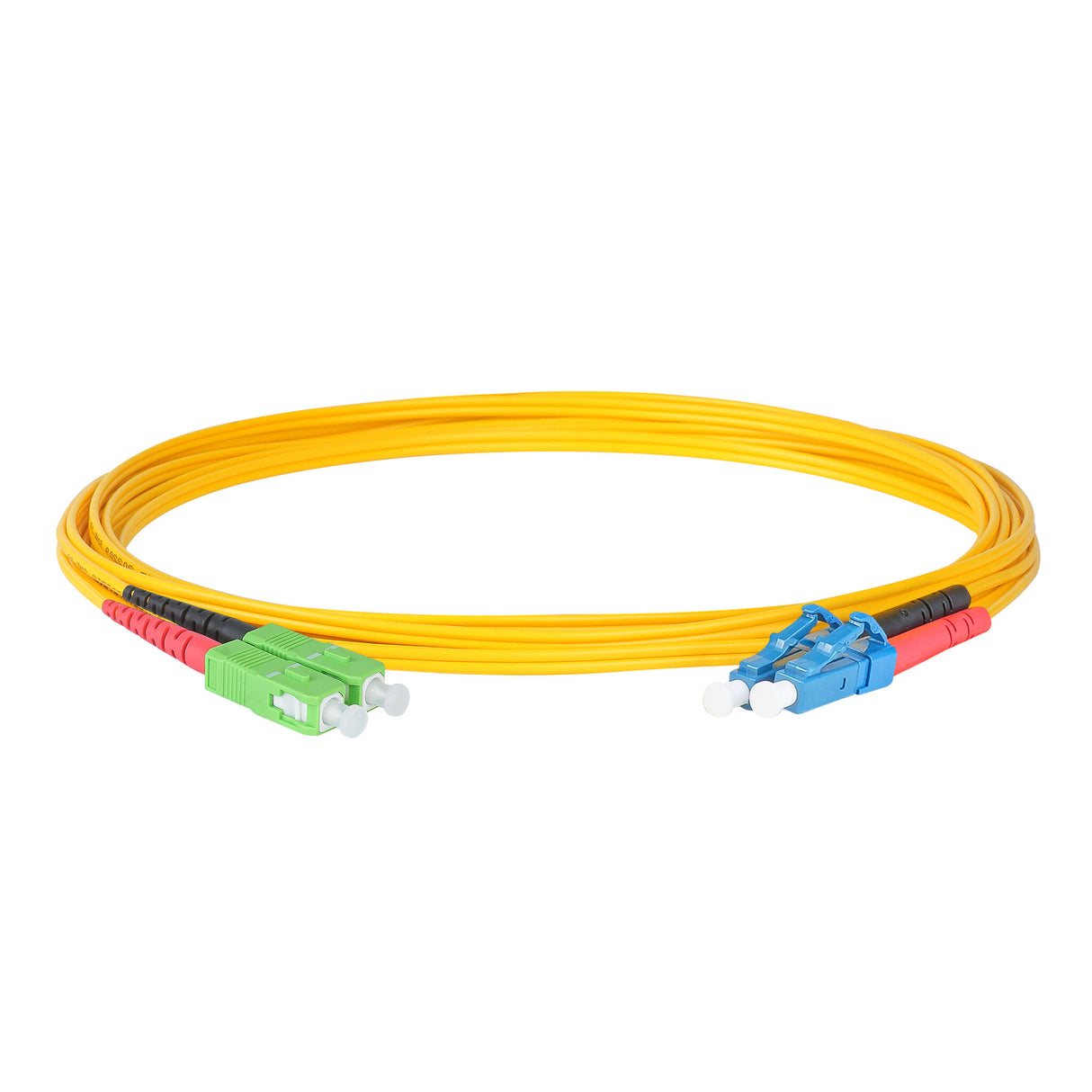 Ultra Low Loss 0.1dB SC/APC to LC/UPC Single-mode Duplex Fiber Patch Cable | Corning SMF-28 Ultra Fiber | Red and Black Boots | OS1/OS2 Compatible | OFNR Jacket