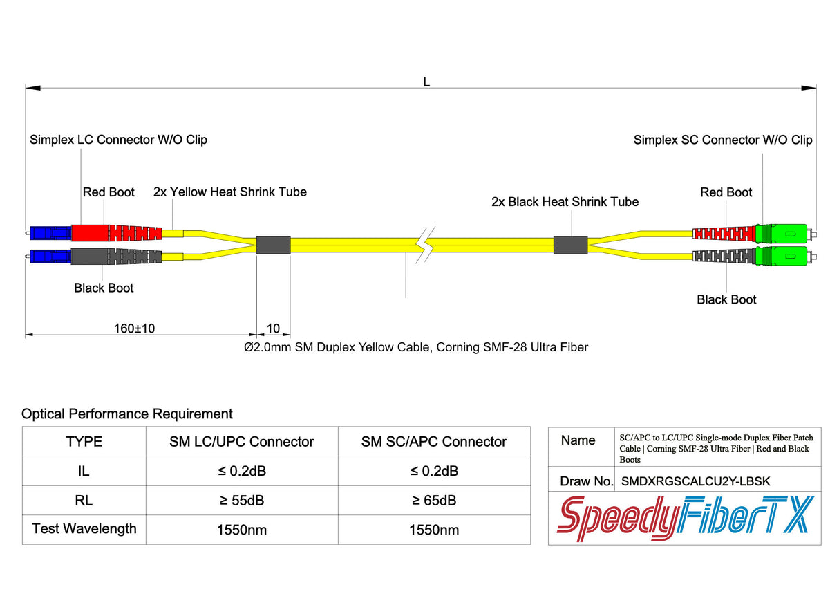 0.2dB SC/APC to LC/UPC Single-mode Duplex Fiber Patch Cable | Corning SMF-28 Ultra Fiber | Red and Black Boots | OS1/OS2 Compatible | OFNR Jacket