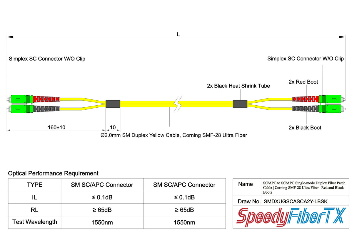 Ultra Low Loss 0.1dB SC/APC to SC/APC Single-mode Duplex Fiber Patch Cable | Corning SMF-28 Ultra Fiber | Red and Black Boots | OS1/OS2 Compatible | OFNR Jacket