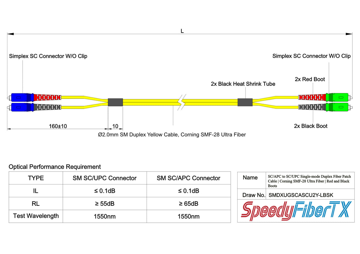 Ultra Low Loss 0.1dB SC/APC to SC/UPC Single-mode Duplex Fiber Patch Cable | Corning SMF-28 Ultra Fiber | Red and Black Boots | OS1/OS2 Compatible | OFNR Jacket