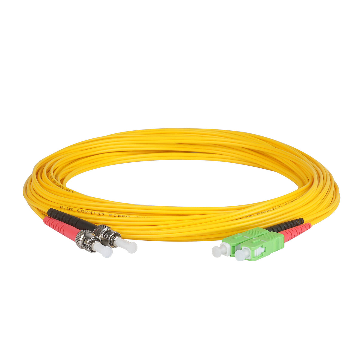 Ultra Low Loss 0.1dB SC/APC to ST/UPC Single-mode Duplex Fiber Patch Cable | Corning SMF-28 Ultra Fiber | Red and Black Boots | OS1/OS2 Compatible | OFNR Jacket