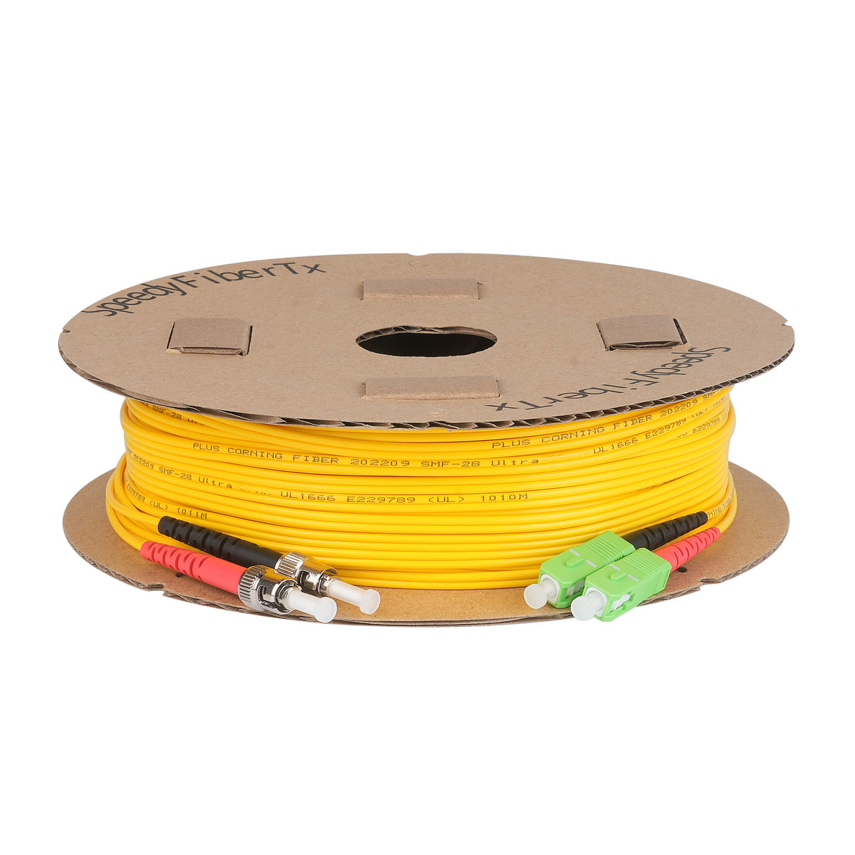 Ultra Low Loss 0.1dB SC/APC to ST/UPC Single-mode Duplex Fiber Patch Cable | Corning SMF-28 Ultra Fiber | Red and Black Boots | OS1/OS2 Compatible | OFNR Jacket