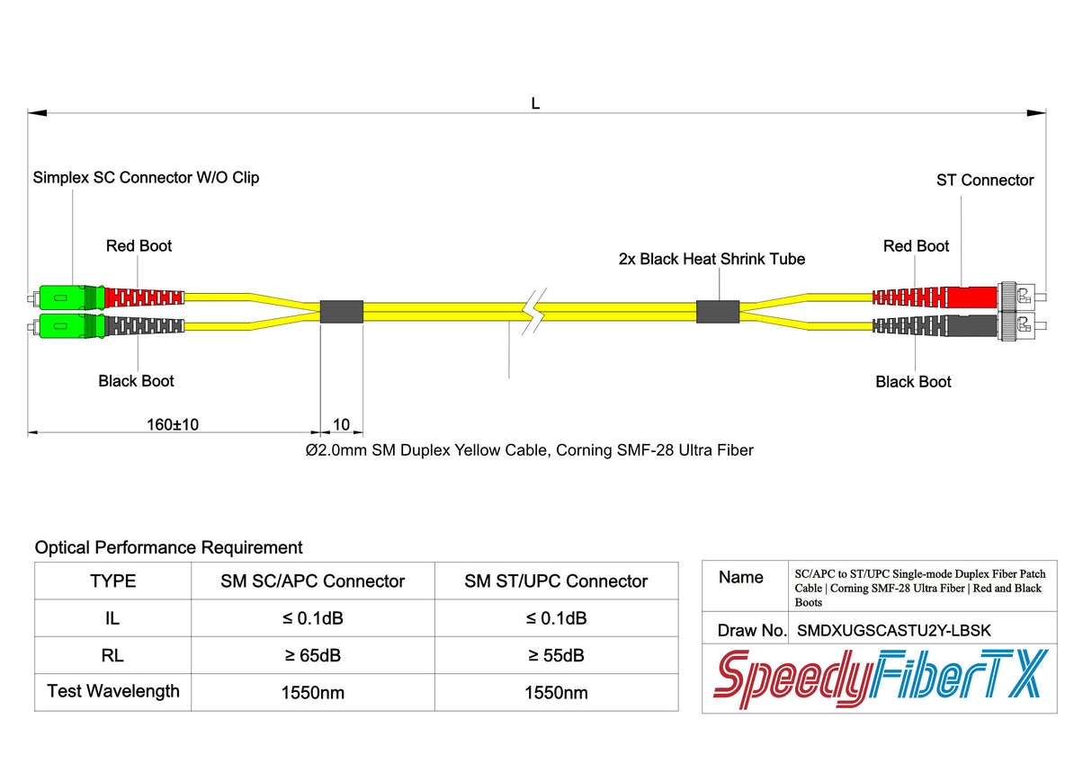 Ultra Low Loss 0.1dB SC/APC to ST/UPC Single-mode Duplex Fiber Patch Cable | Corning SMF-28 Ultra Fiber | Red and Black Boots | OS1/OS2 Compatible | OFNR Jacket
