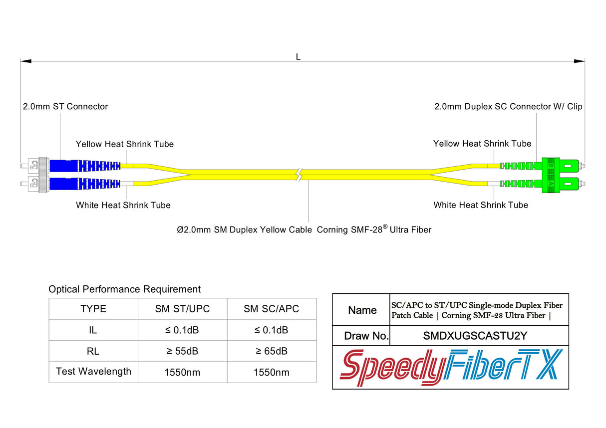 Ultra Low Loss 0.1dB SC/APC to ST/UPC Single-mode Duplex Fiber Patch Cable | Corning SMF-28 Ultra Fiber | OS1/OS2 Compatible | OFNP Jacket