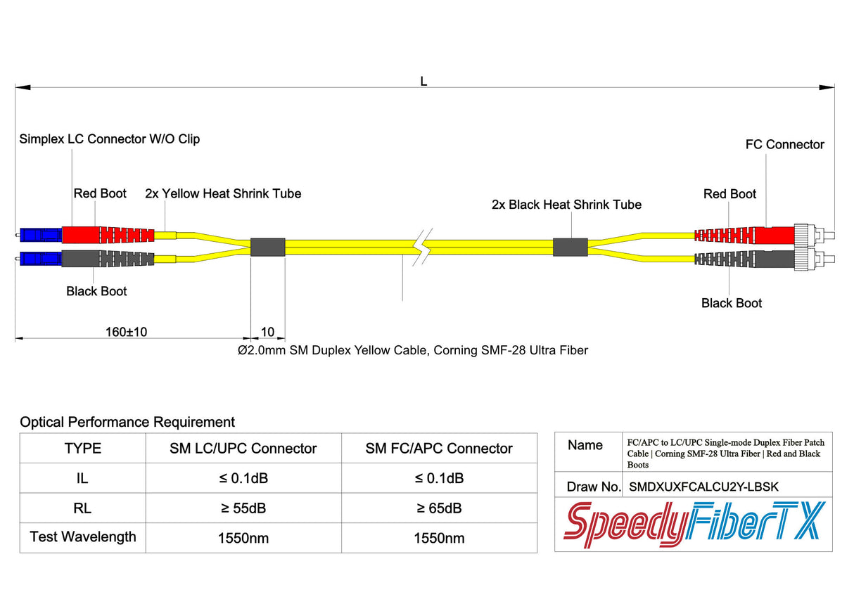 Ultra Low Loss 0.1dB FC/APC to LC/UPC Single-mode Duplex Fiber Patch Cable | Corning SMF-28 Ultra Fiber | Red and Black Boots | OS1/OS2 Compatible | OFNR Jacket