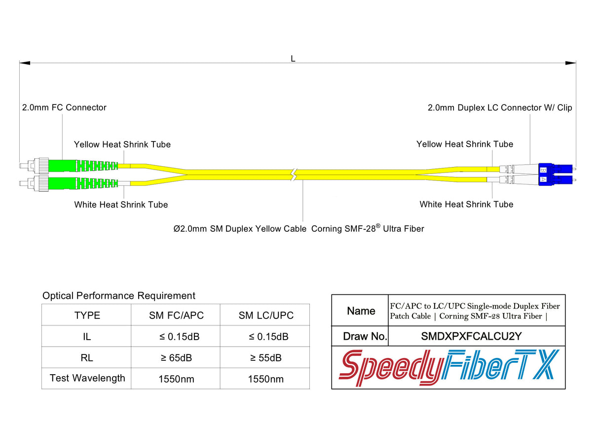Low Loss 0.15dB FC/APC to LC/UPC Single-mode Duplex Fiber Patch Cable | Corning SMF-28 Ultra Fiber | OS1/OS2 Compatible | OFNP Jacket
