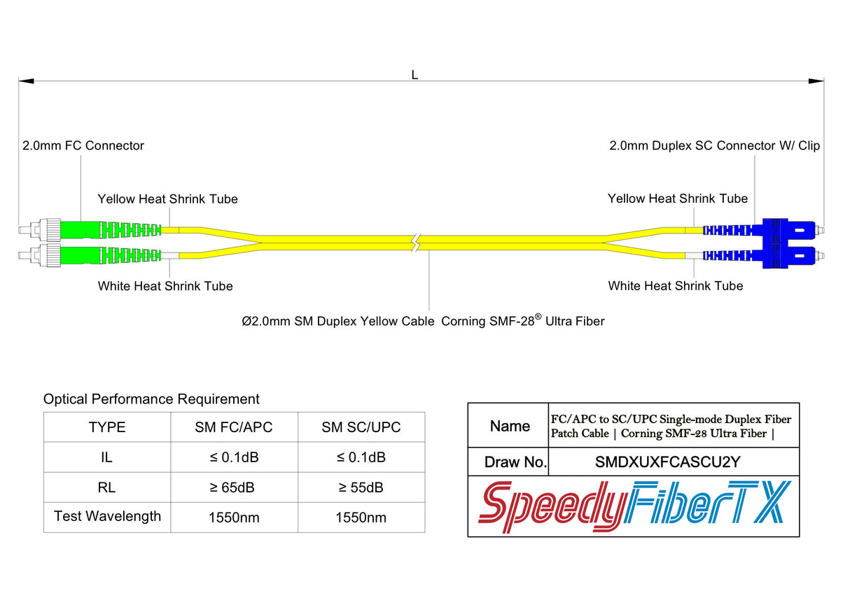 Ultra Low Loss 0.1dB FC/APC to SC/UPC Single-mode Duplex Fiber Patch Cable | Corning SMF-28 Ultra Fiber | OS1/OS2 Compatible | OFNP Jacket