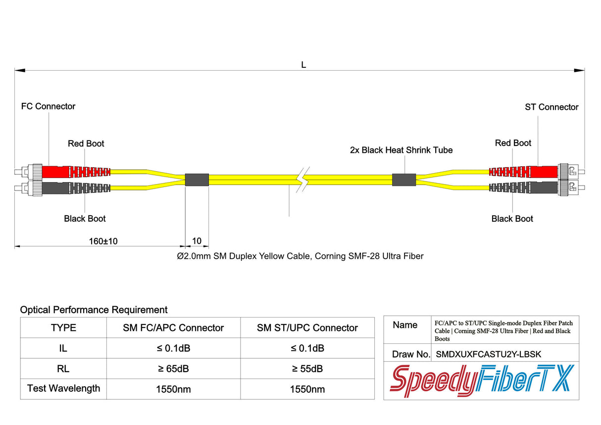 Ultra Low Loss 0.1dB FC/APC to ST/UPC Single-mode Duplex Fiber Patch Cable | Corning SMF-28 Ultra Fiber | Red and Black Boots | OS1/OS2 Compatible | OFNR Jacket