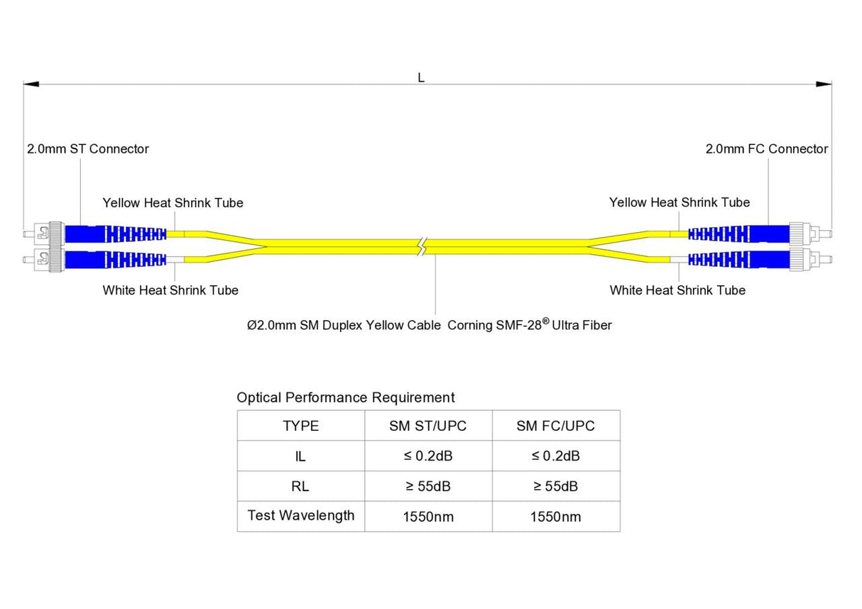 0.2dB ST/UPC to FC/UPC Single-mode Duplex Fiber Patch Cable | Corning SMF-28 Ultra Fiber | OS1/OS2 Compatible | OFNR Jacket