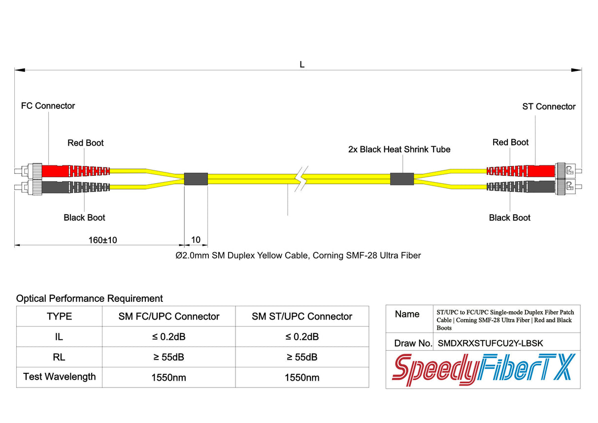 0.2dB ST/UPC to FC/UPC Single-mode Duplex Fiber Patch Cable | Corning SMF-28 Ultra Fiber | Red and Black Boots | OS1/OS2 Compatible | OFNR Jacket