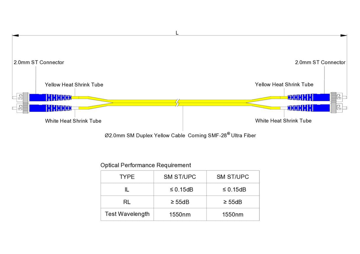 Low Loss 0.15dB ST/UPC to ST/UPC Single-mode Duplex Fiber Patch Cable | Corning SMF-28 Ultra Fiber | OS1/OS2 Compatible | LSZH Jacket