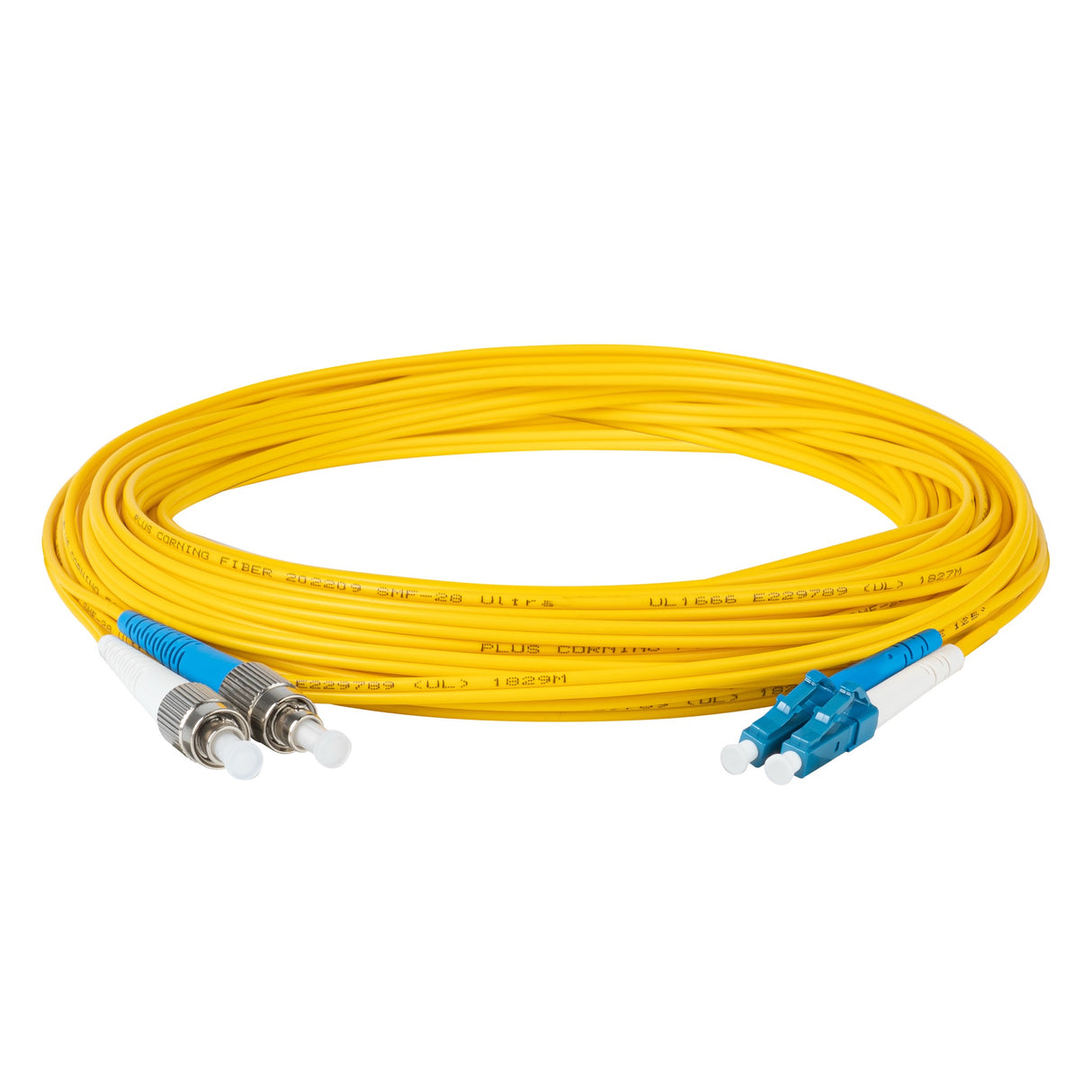 Ultra Low Loss 0.1dB LC/UPC to FC/UPC Single-mode Duplex Fiber Patch Cable | Corning SMF-28 Ultra Fiber | Blue and White Boots | OS1/OS2 Compatible | OFNR Jacket