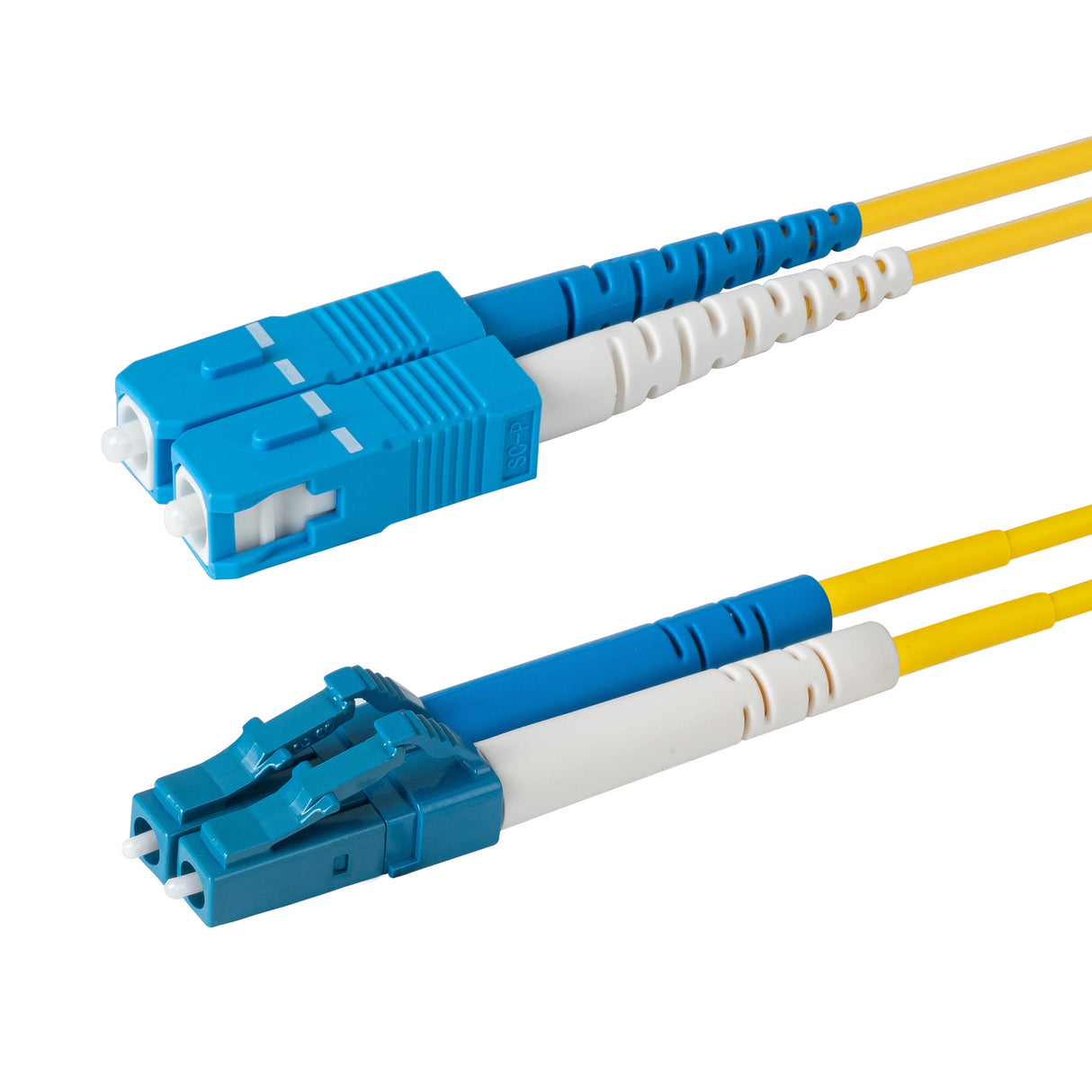 Ultra Low Loss 0.1dB LC/UPC to SC/UPC Single-mode Duplex Fiber Patch Cable | Corning SMF-28 Ultra Fiber | Blue and White Boots | OS1/OS2 Compatible | OFNR Jacket