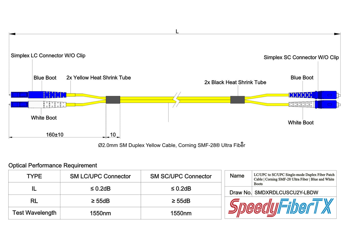 0.2dB LC/UPC to SC/UPC Single-mode Duplex Fiber Patch Cable | Corning SMF-28 Ultra Fiber | Blue and White Boots | OS1/OS2 Compatible | OFNR Jacket