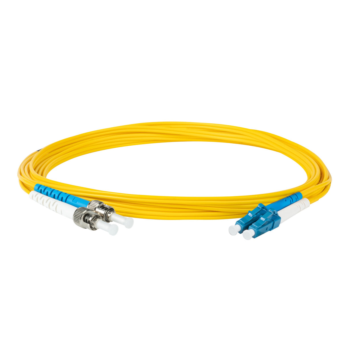 Ultra Low Loss 0.1dB LC/UPC to ST/UPC Single-mode Duplex Fiber Patch Cable | Corning SMF-28 Ultra Fiber | Blue and White Boots | OS1/OS2 Compatible | OFNR Jacket
