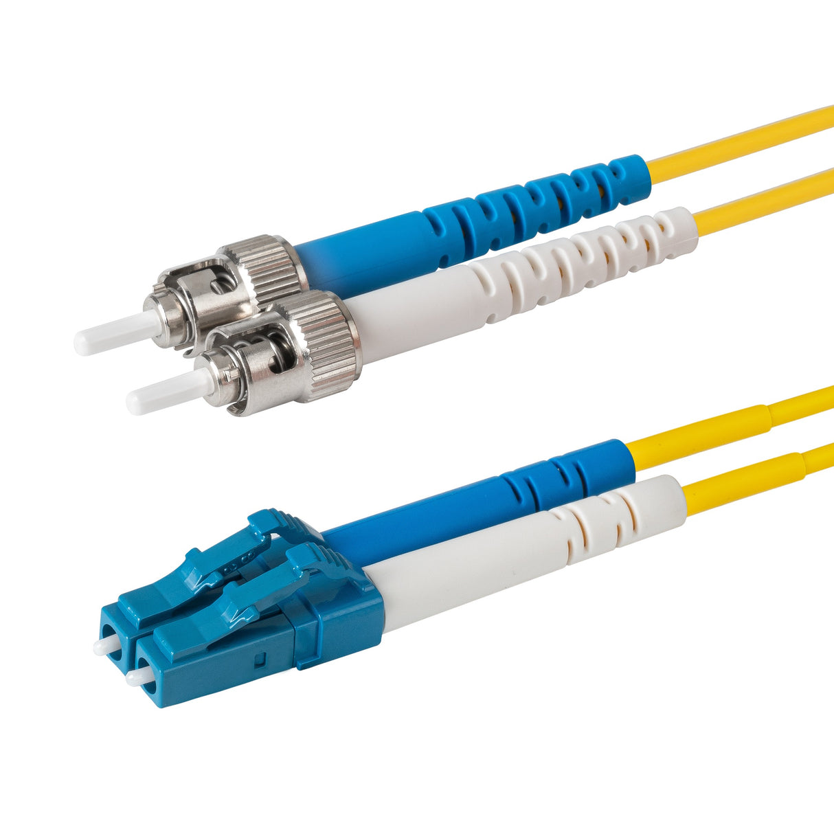 Ultra Low Loss 0.1dB LC/UPC to ST/UPC Single-mode Duplex Fiber Patch Cable | Corning SMF-28 Ultra Fiber | Blue and White Boots | OS1/OS2 Compatible | OFNR Jacket