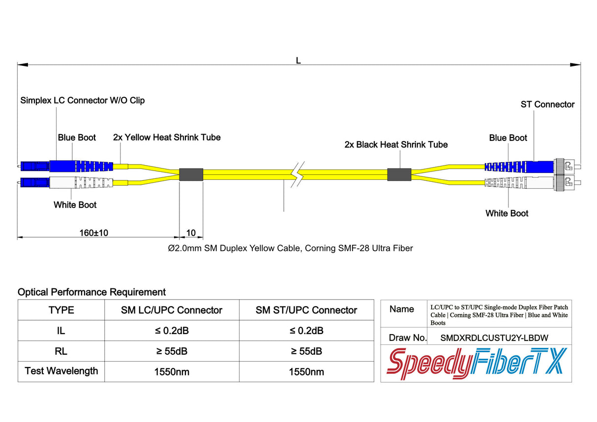 0.2dB LC/UPC to ST/UPC Single-mode Duplex Fiber Patch Cable | Corning SMF-28 Ultra Fiber | Blue and White Boots | OS1/OS2 Compatible | OFNR Jacket