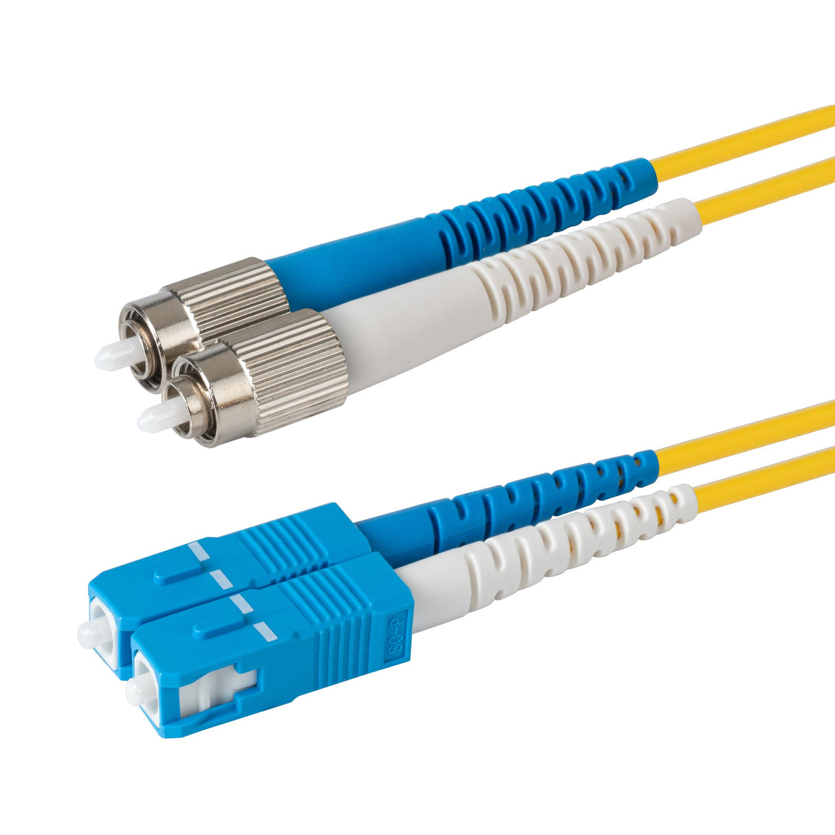 Ultra Low Loss 0.1dB SC/UPC to FC/UPC Single-mode Duplex Fiber Patch Cable | Corning SMF-28 Ultra Fiber | Blue and White Boots | OS1/OS2 Compatible | OFNR Jacket